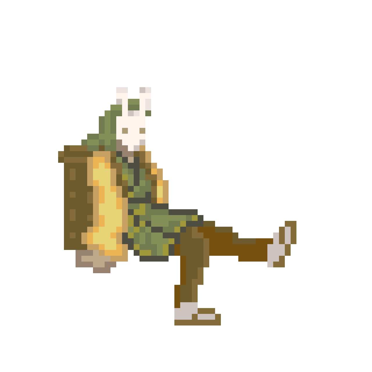 An animated gif of the main player character Mira sitting down and kicking her legs playfully.